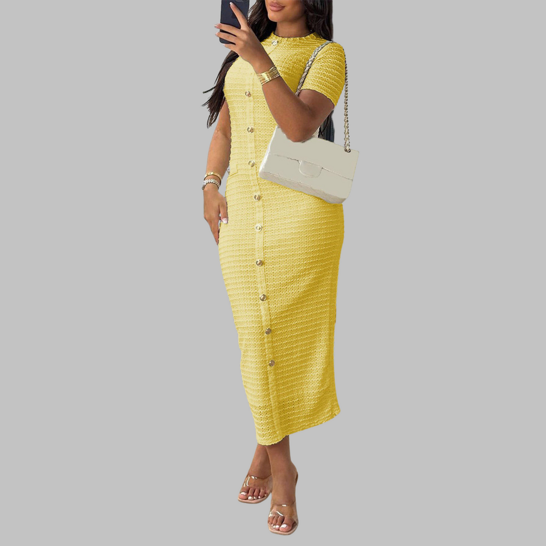 RACHEL - Елегантна рокля с кръгло деколте и фалшиви копчета