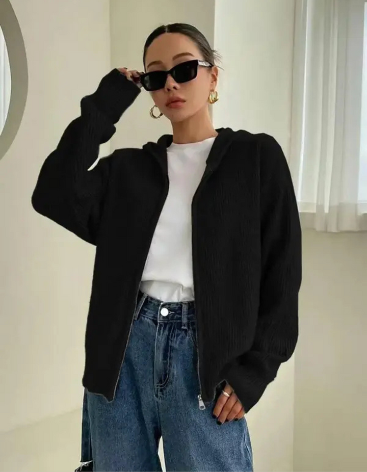 LARALI - Casual Zip-Up Hooded Long Sleeve Cardigan" на български е: "LARALI - Casual кардиган с цип и качулка с дълъг ръкав