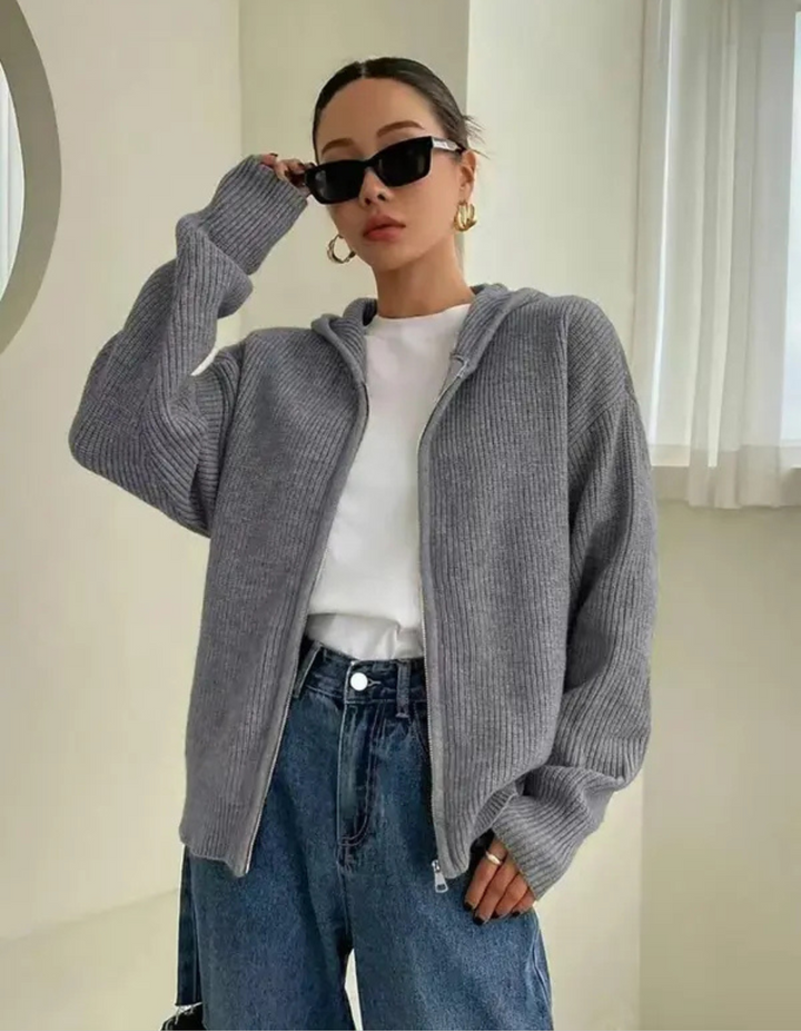 LARALI - Casual Zip-Up Hooded Long Sleeve Cardigan" на български е: "LARALI - Casual кардиган с цип и качулка с дълъг ръкав