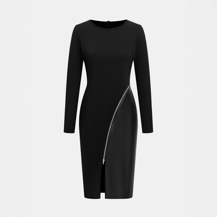 CHARENE - Дамска рокля с плътен цвят от PU кожа и цип Bodycon