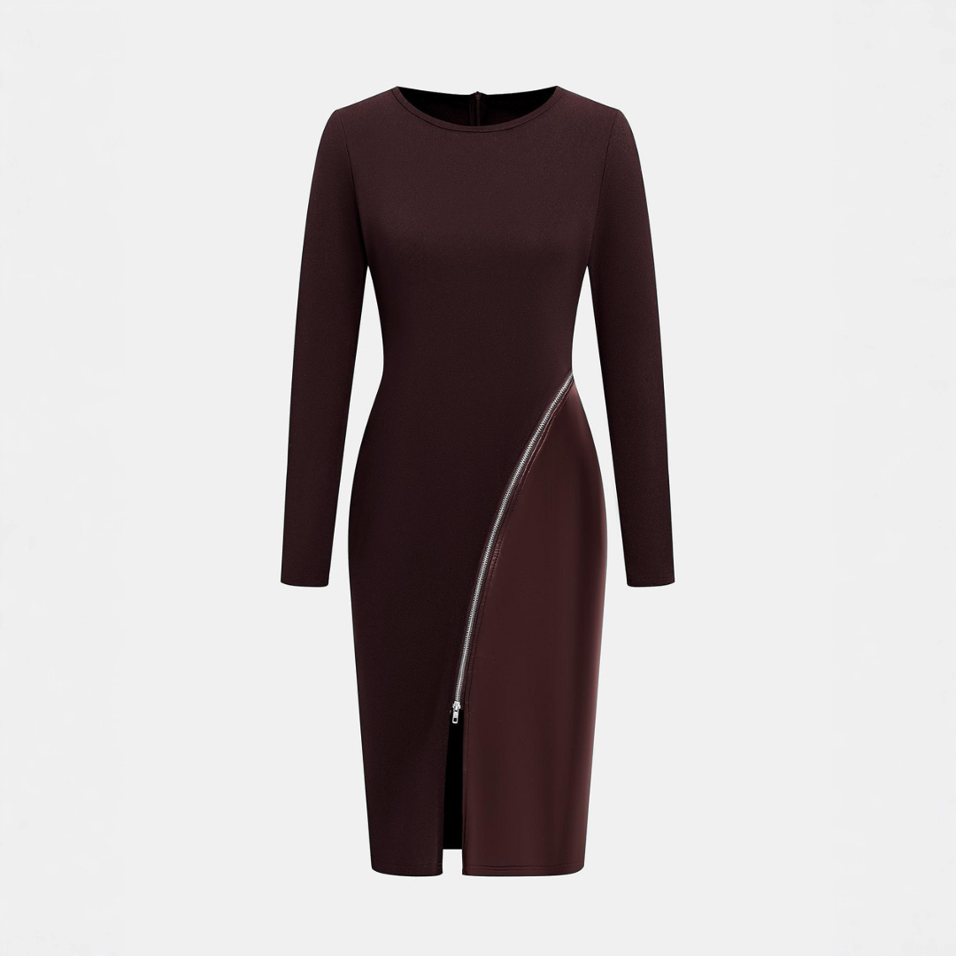 CHARENE - Дамска рокля с плътен цвят от PU кожа и цип Bodycon