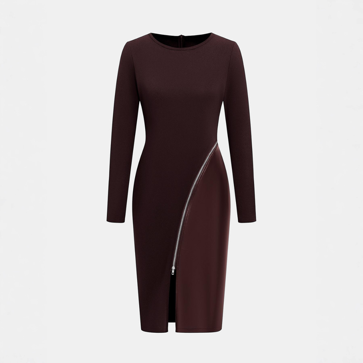 CHARENE - Дамска рокля с плътен цвят от PU кожа и цип Bodycon
