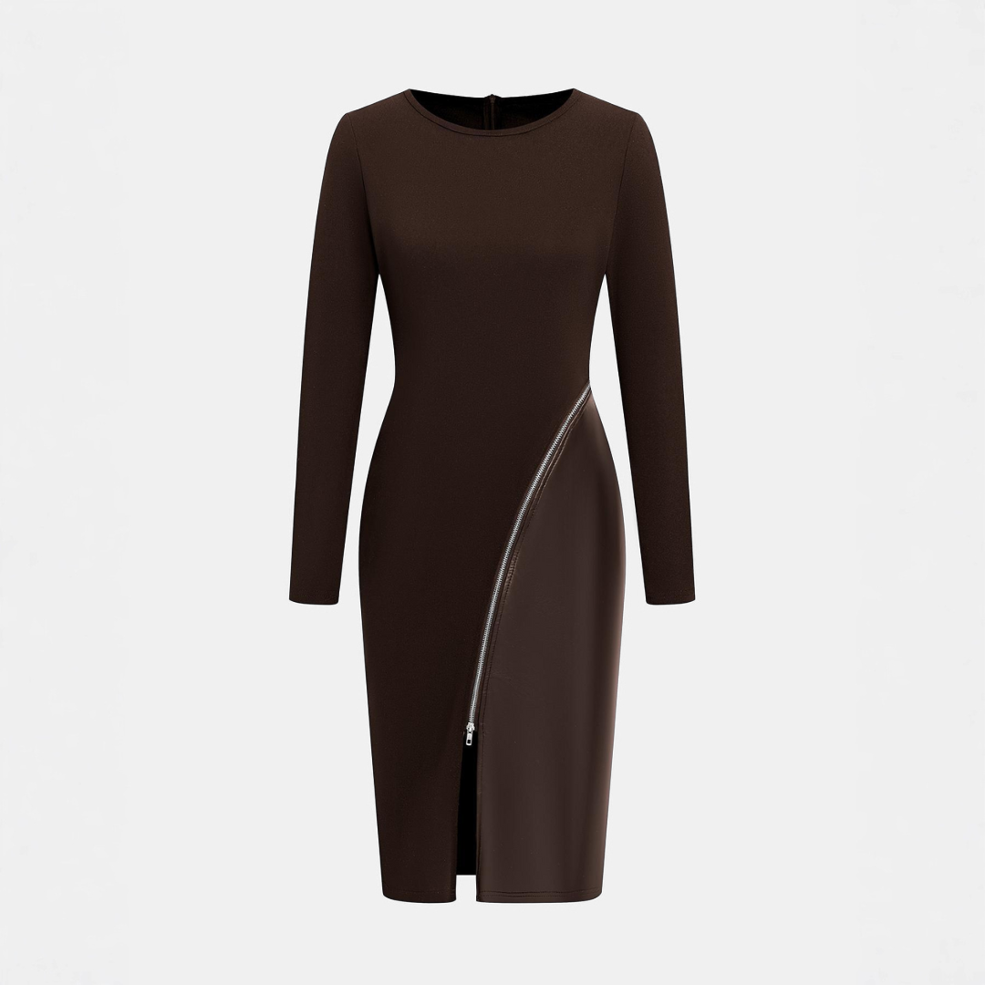 CHARENE - Дамска рокля с плътен цвят от PU кожа и цип Bodycon