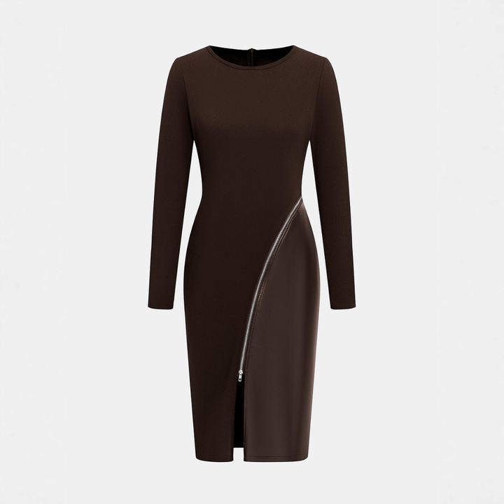 CHARENE - Дамска рокля с плътен цвят от PU кожа и цип Bodycon
