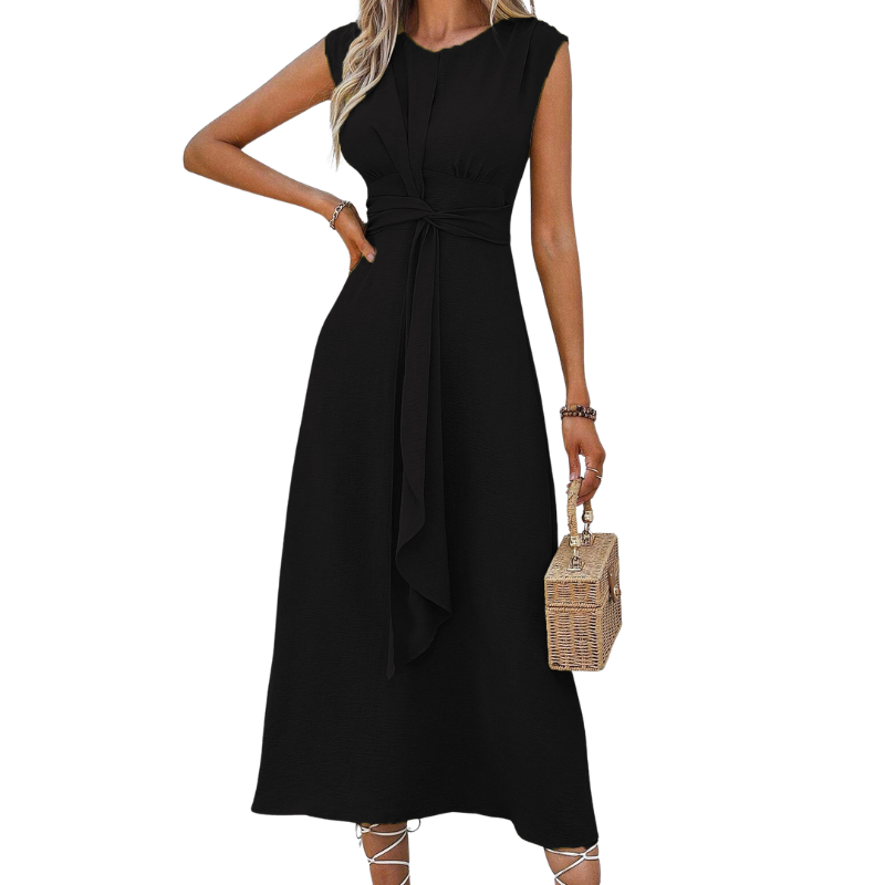 MIYA - Стилен дълъг без ръкави рокля с връзка на талията