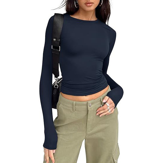 JIHYO - Casual Дълъг Ръкав Топ с Кръгло Деколте