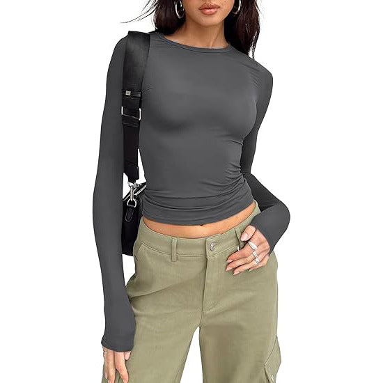 JIHYO - Casual Дълъг Ръкав Топ с Кръгло Деколте
