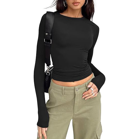 JIHYO - Casual Дълъг Ръкав Топ с Кръгло Деколте
