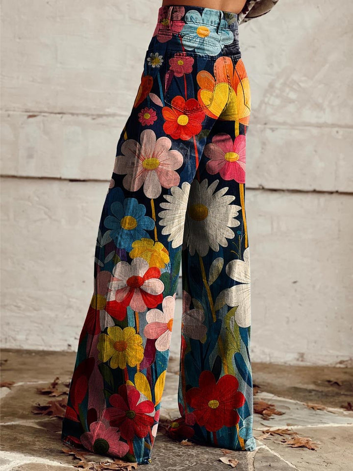 FLEUR - Шикозни цветни панталони с широки крачоли